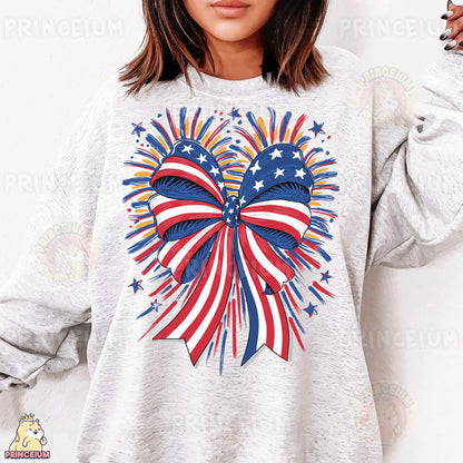 a woman wearing a sweatshirt with an american flag heart on it