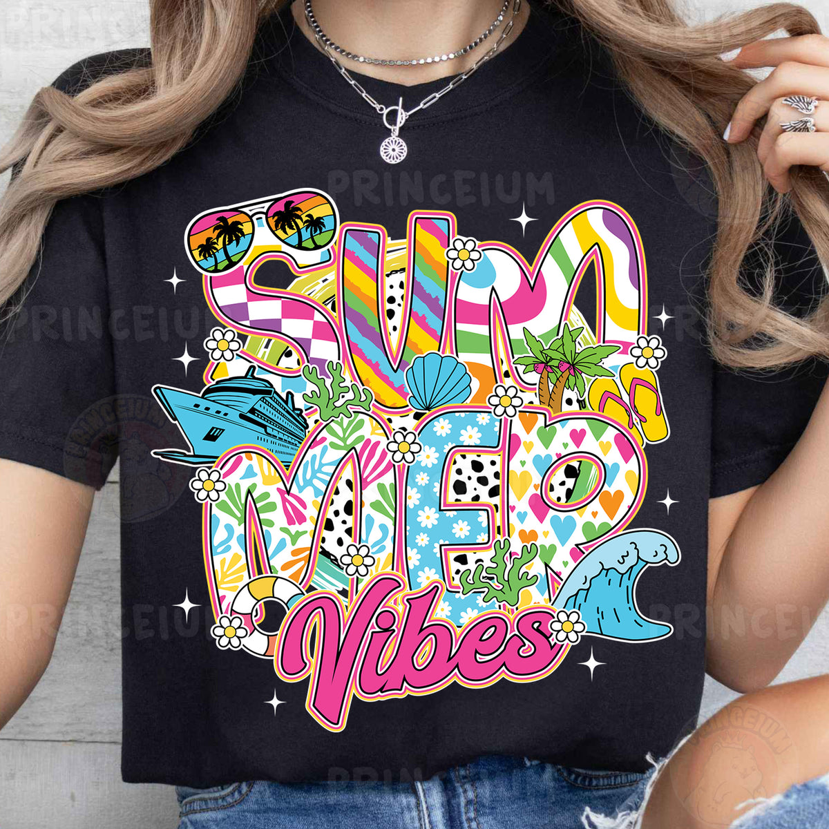 a woman wearing a black shirt that says summer vibes