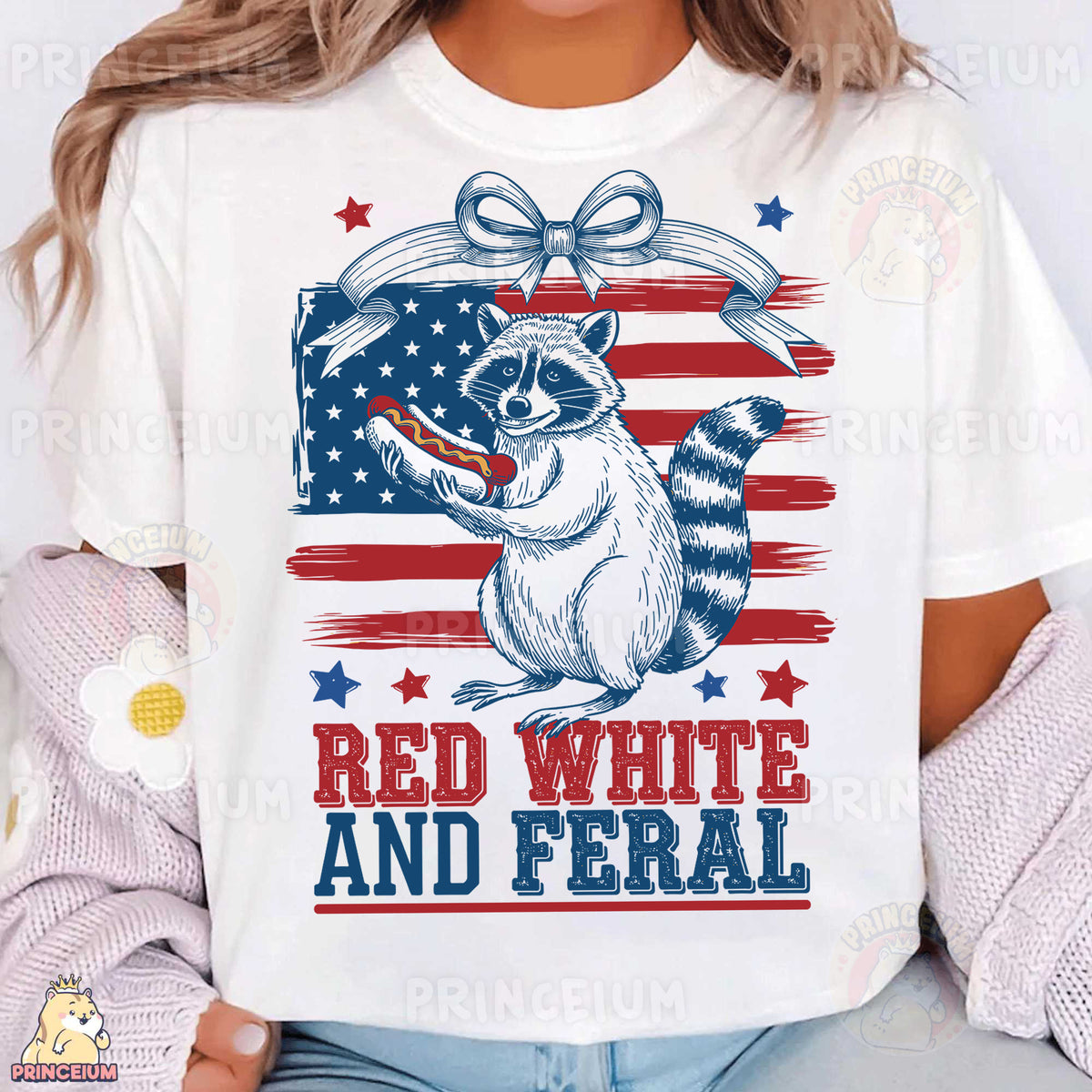 a woman wearing a white shirt with a raccoon eating a donut