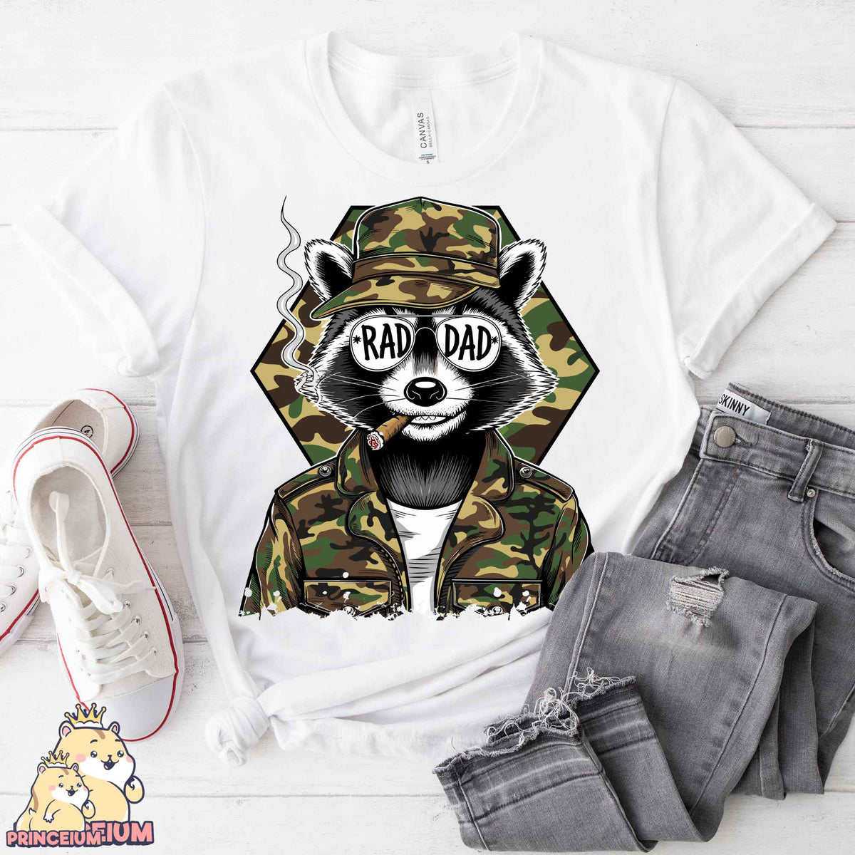 a raccoon wearing a camo jacket with the words raccoon dad