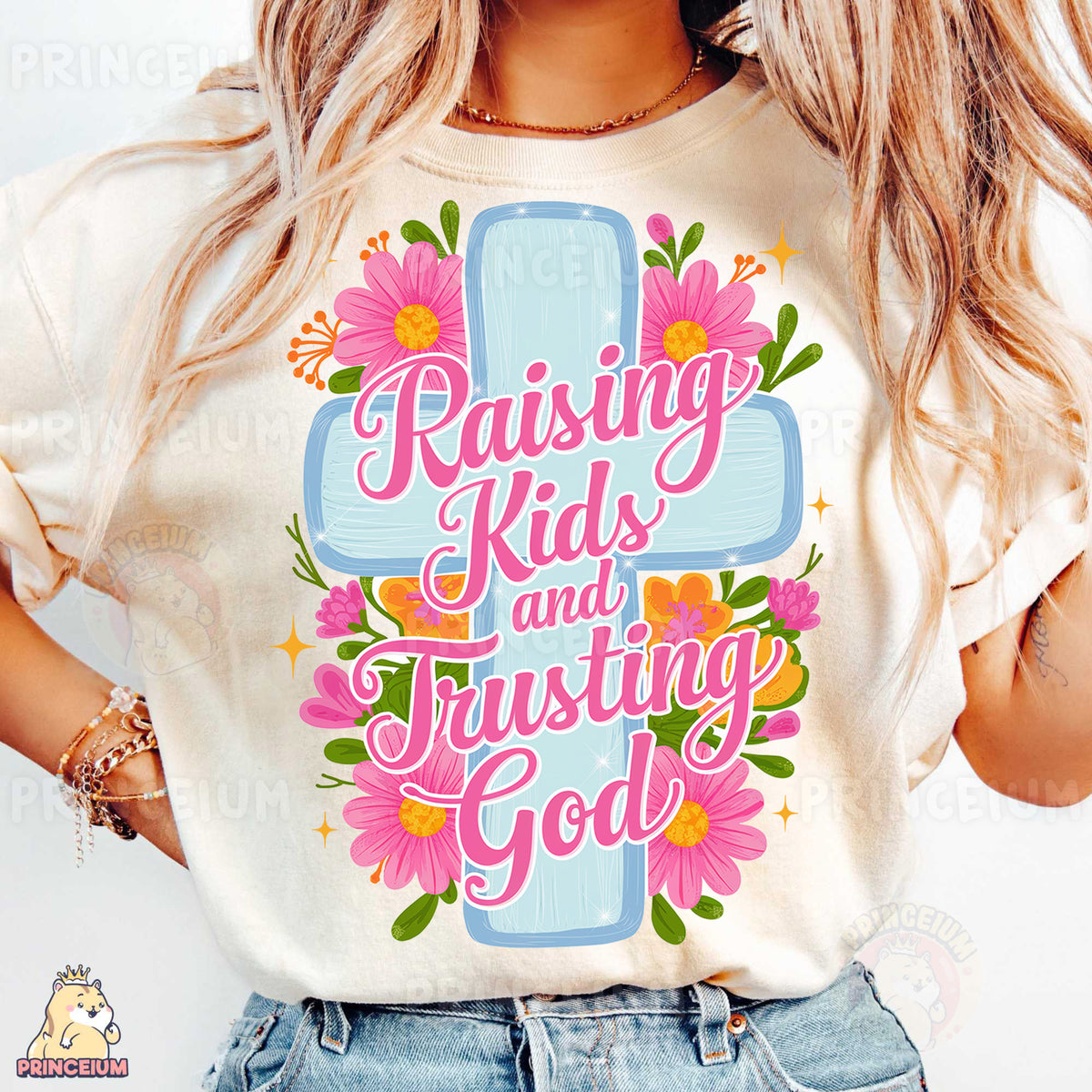 a woman wearing a t - shirt that says raising kids and fighting god
