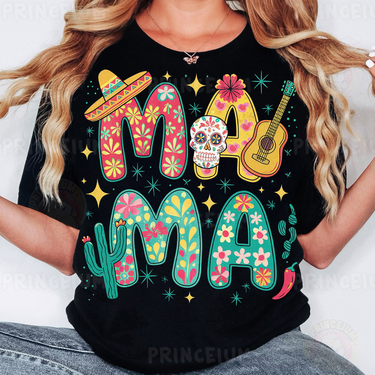 a woman wearing a black t - shirt with a mexican design