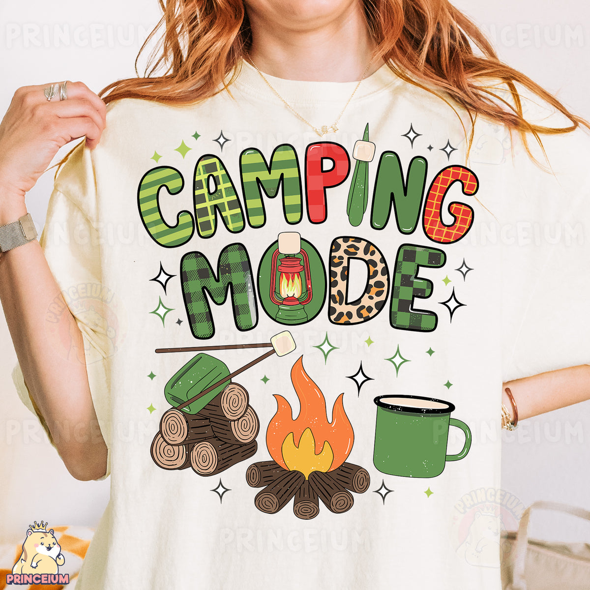 a woman wearing a t - shirt that says camping mode
