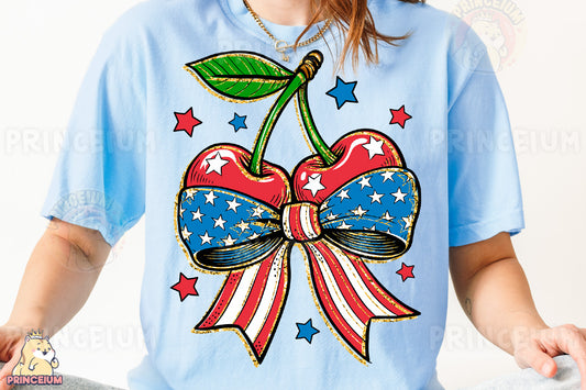 a woman wearing a blue shirt with a red, white, and blue bow on