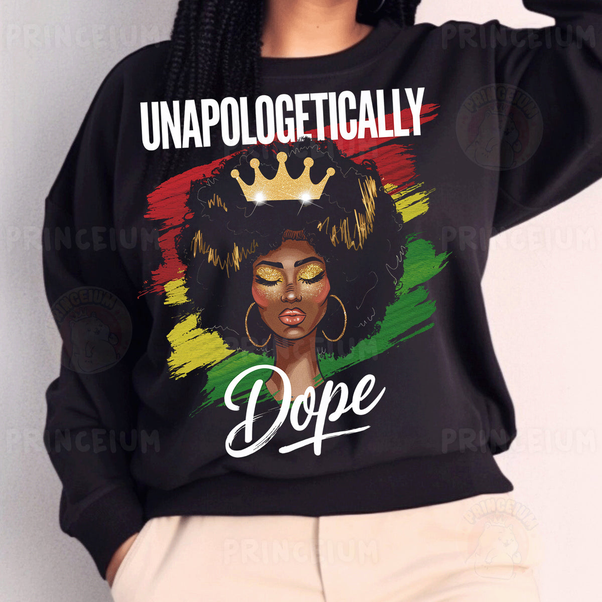 a woman wearing a black sweatshirt with a crown on her head