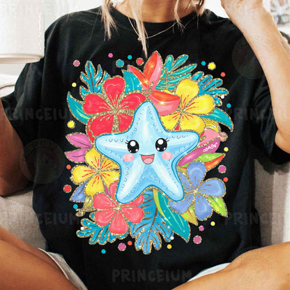 a woman sitting on a couch wearing a starfish t - shirt