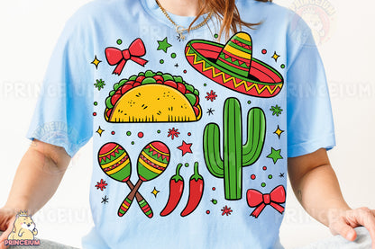 a woman wearing a t - shirt with a mexican theme
