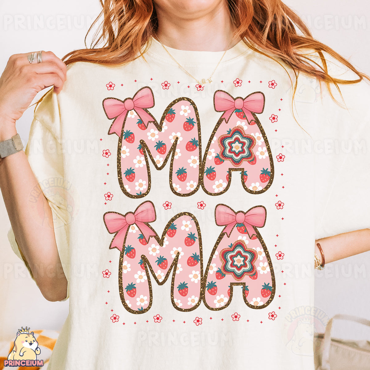 a woman wearing a t - shirt with the word mom printed on it