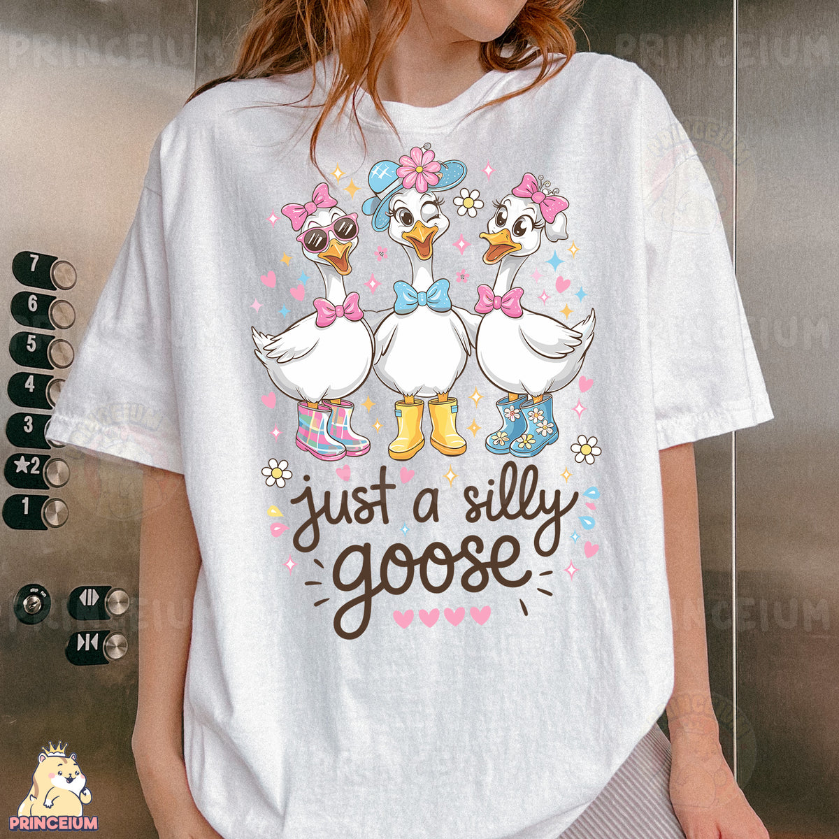 a woman wearing a t - shirt that says just a silly goose