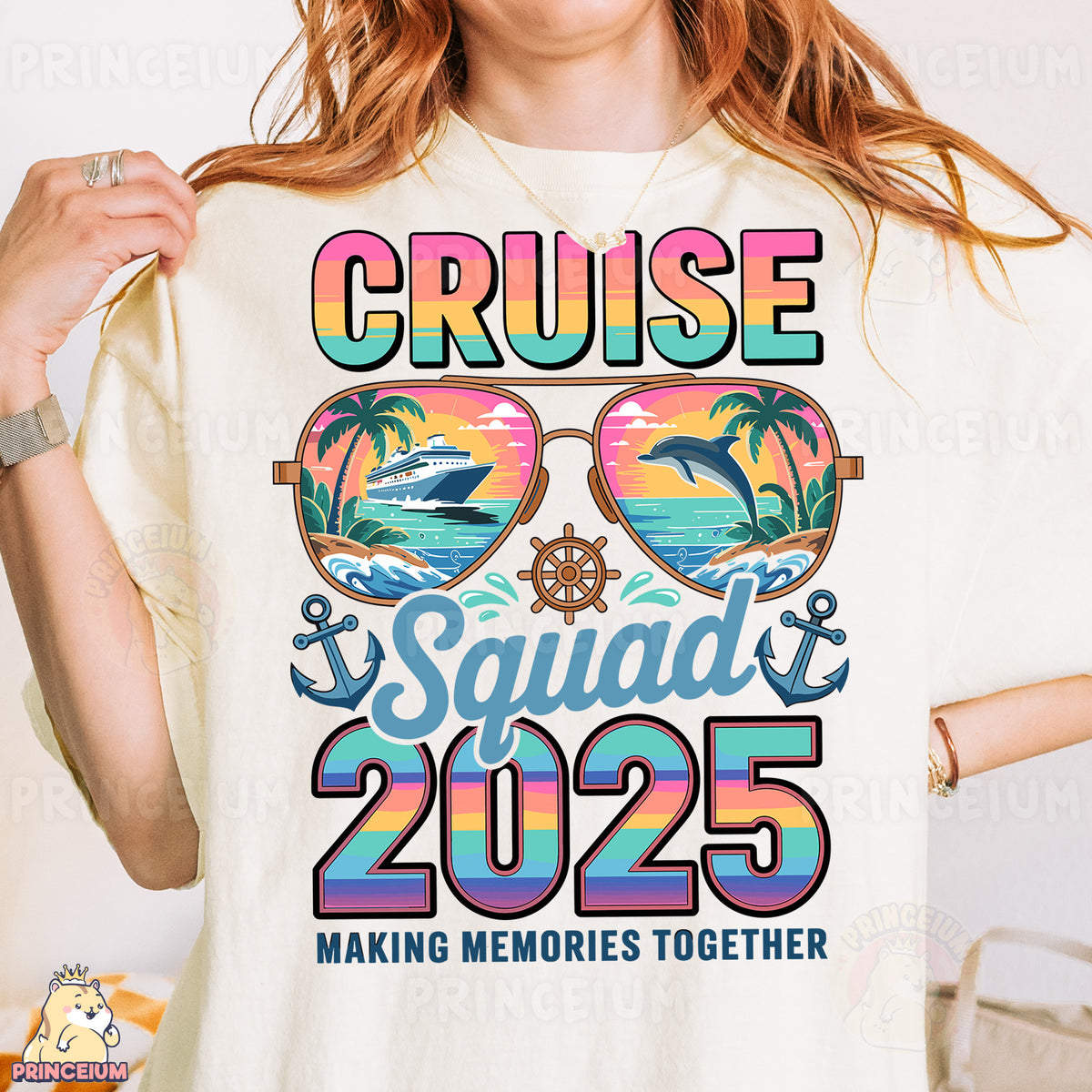 a woman wearing a cruise squad t - shirt
