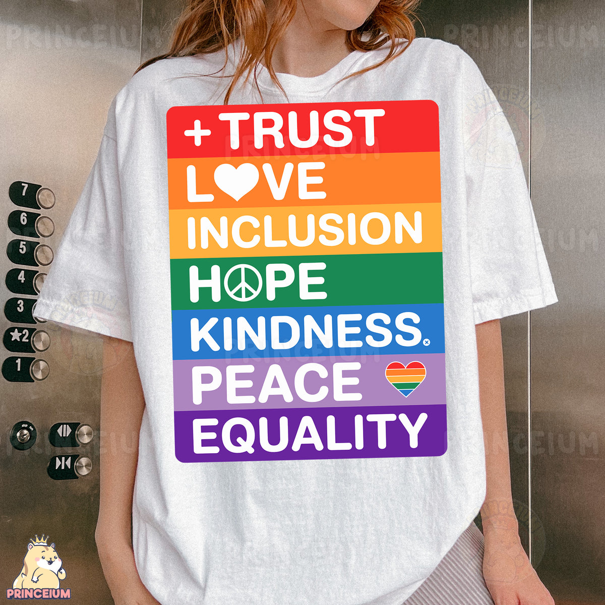 a woman wearing a t - shirt that says, trust love, love, inc