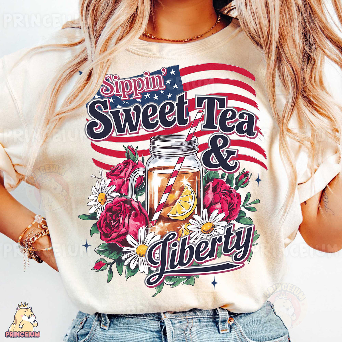 a woman wearing a t - shirt that says sweet tea and liberty