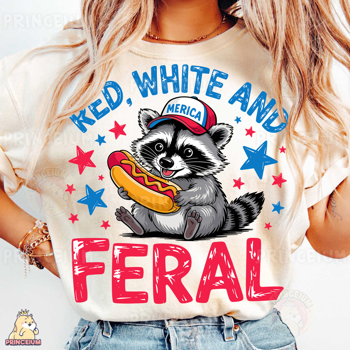 a woman wearing a white shirt with a raccoon eating a hot dog