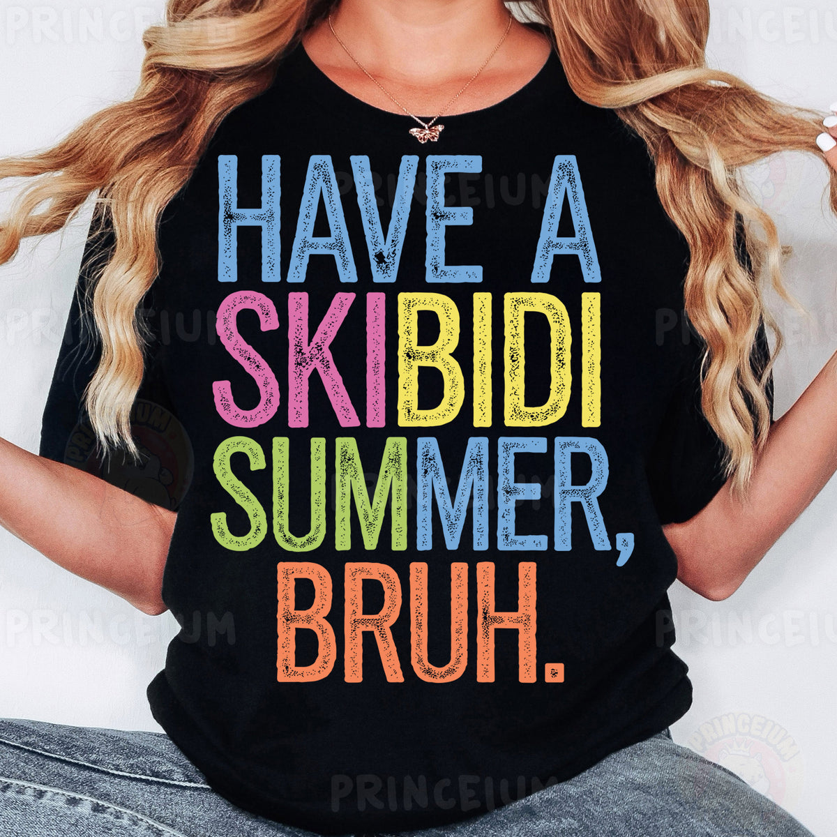 a woman wearing a black shirt that says have a skbbdi summer, br