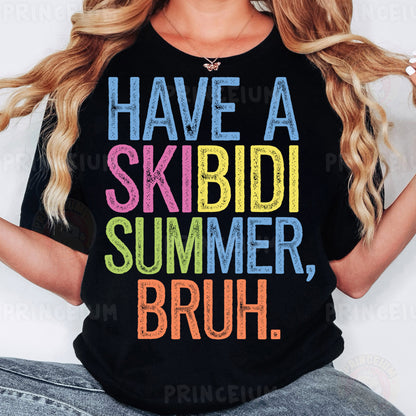 a woman wearing a black shirt that says have a skbbdi summer, br