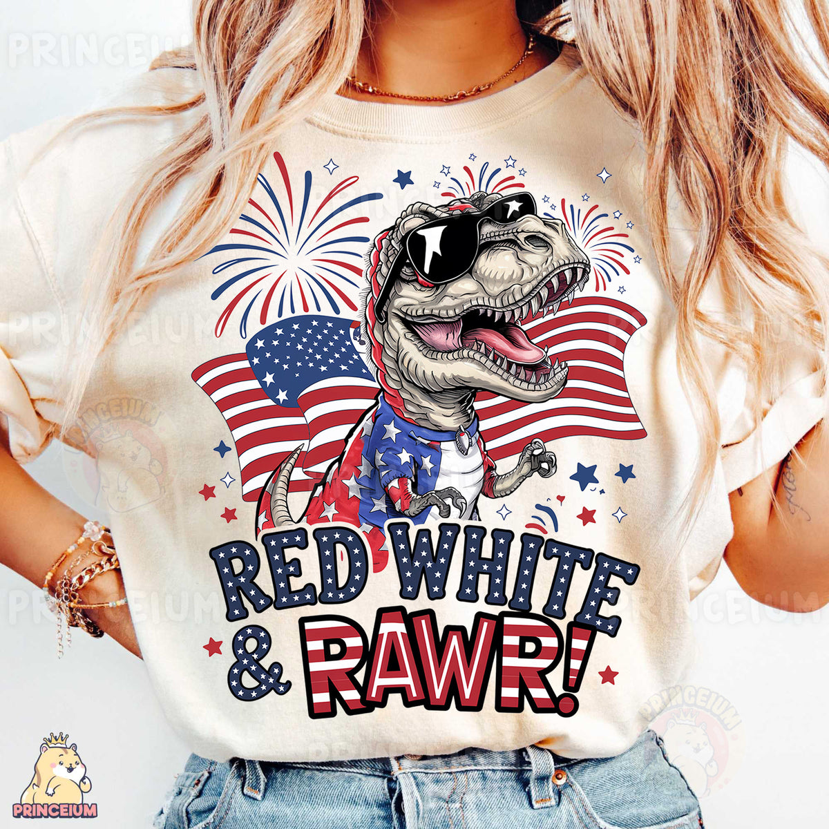a woman wearing a red, white and raw t - shirt