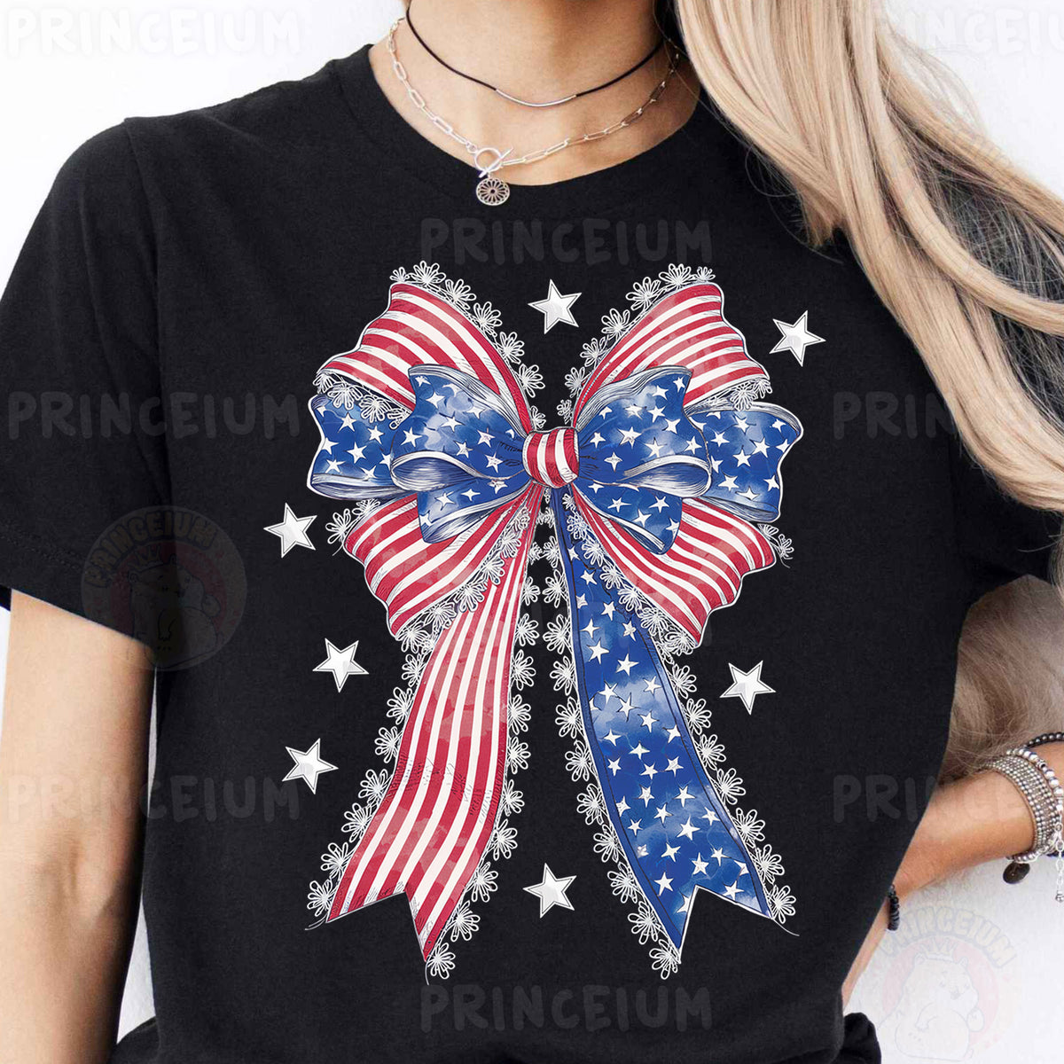 a woman wearing an american flag bow t - shirt