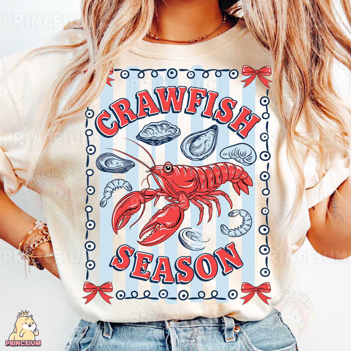 a woman wearing a crabfish season t - shirt