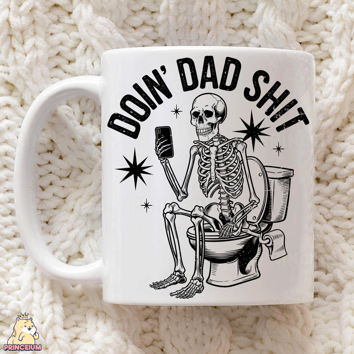 a coffee mug with a skeleton sitting on a toilet