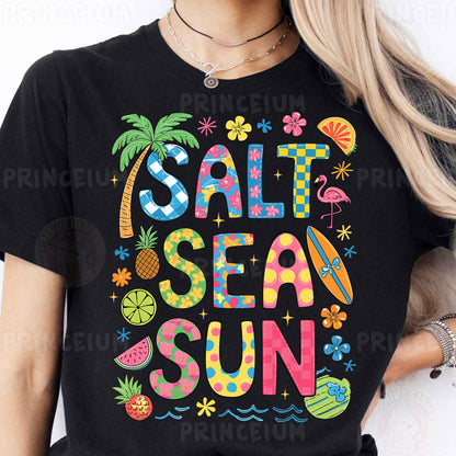 a woman wearing a black shirt that says salt sea sun