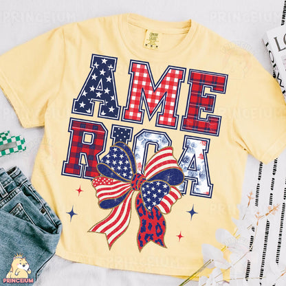 a t - shirt with a bow and american flag on it