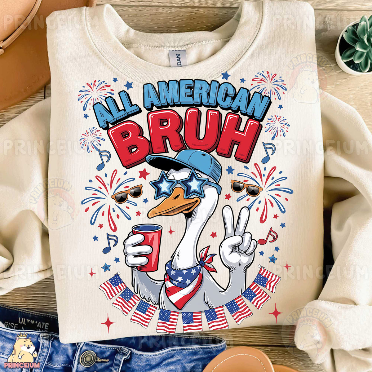 a t - shirt with an image of a duck wearing a hat and holding a