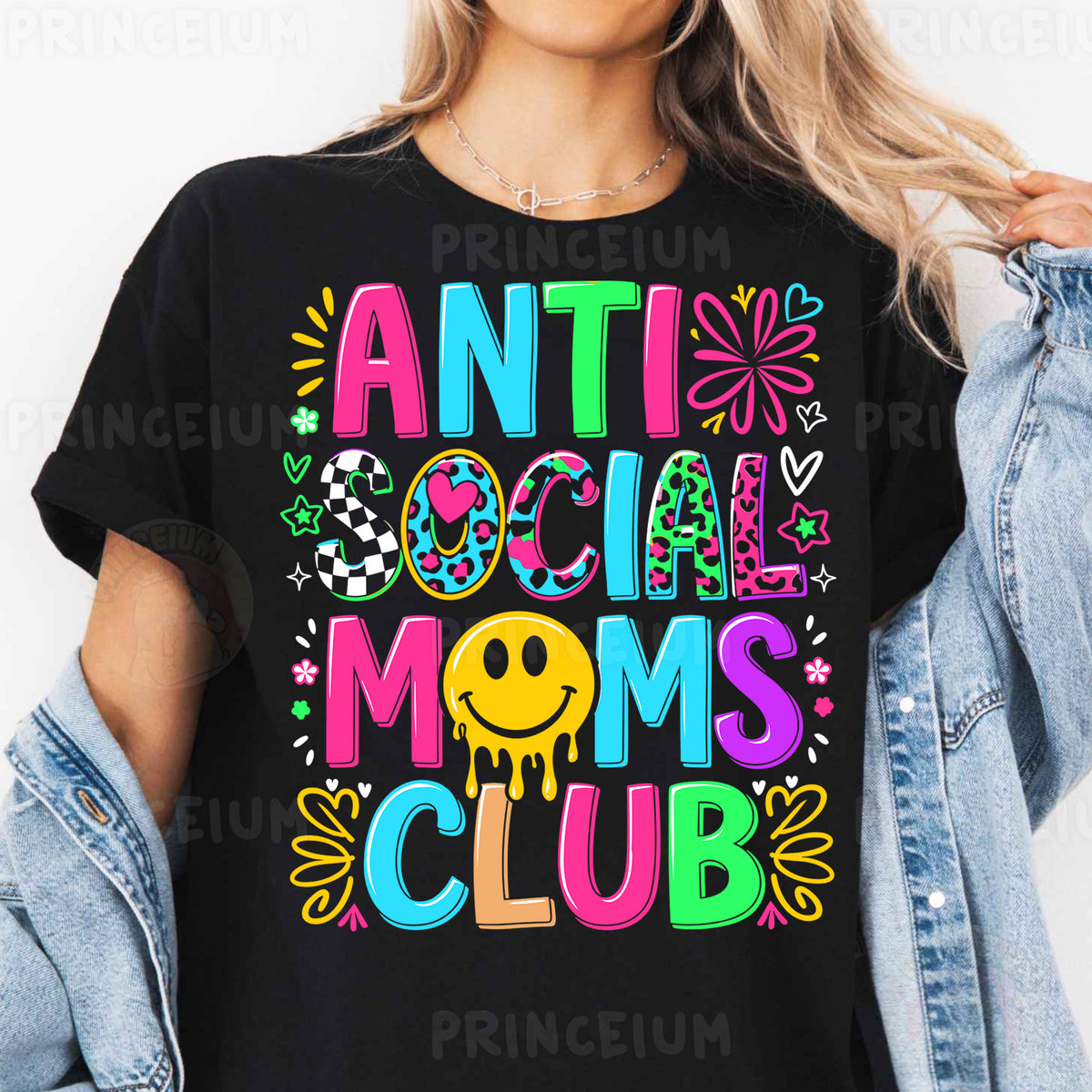 a woman wearing an anti social moms club t - shirt