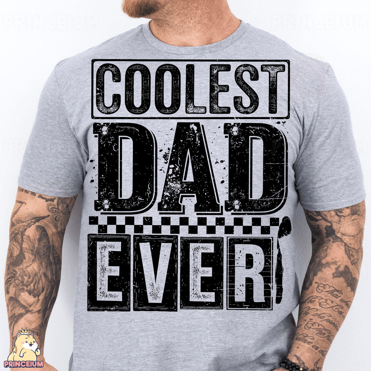 a man wearing a grey shirt that says coolest dad ever