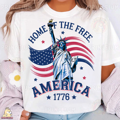 a woman wearing a t - shirt with the statue of liberty on it