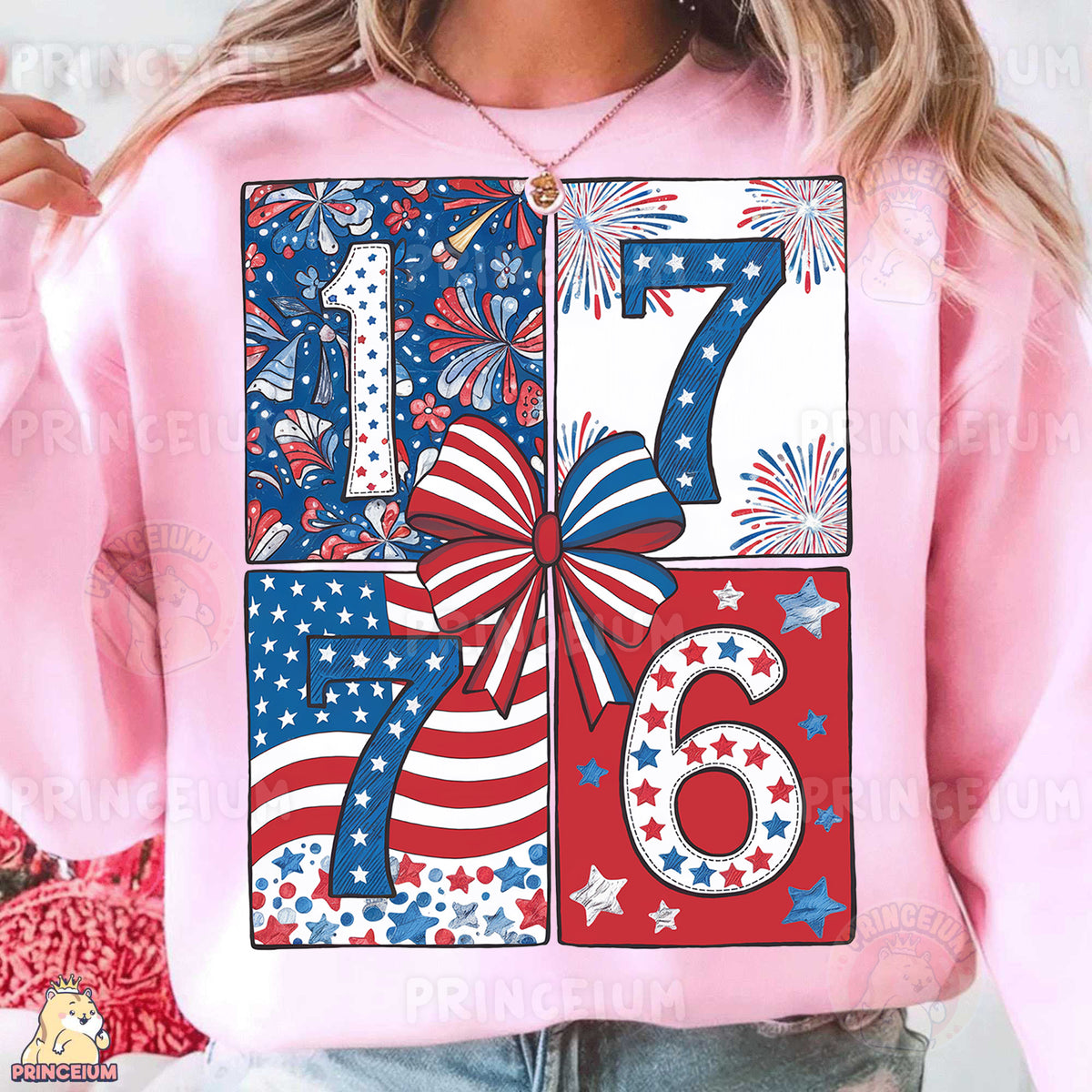 a woman wearing a pink sweatshirt with the number six on it