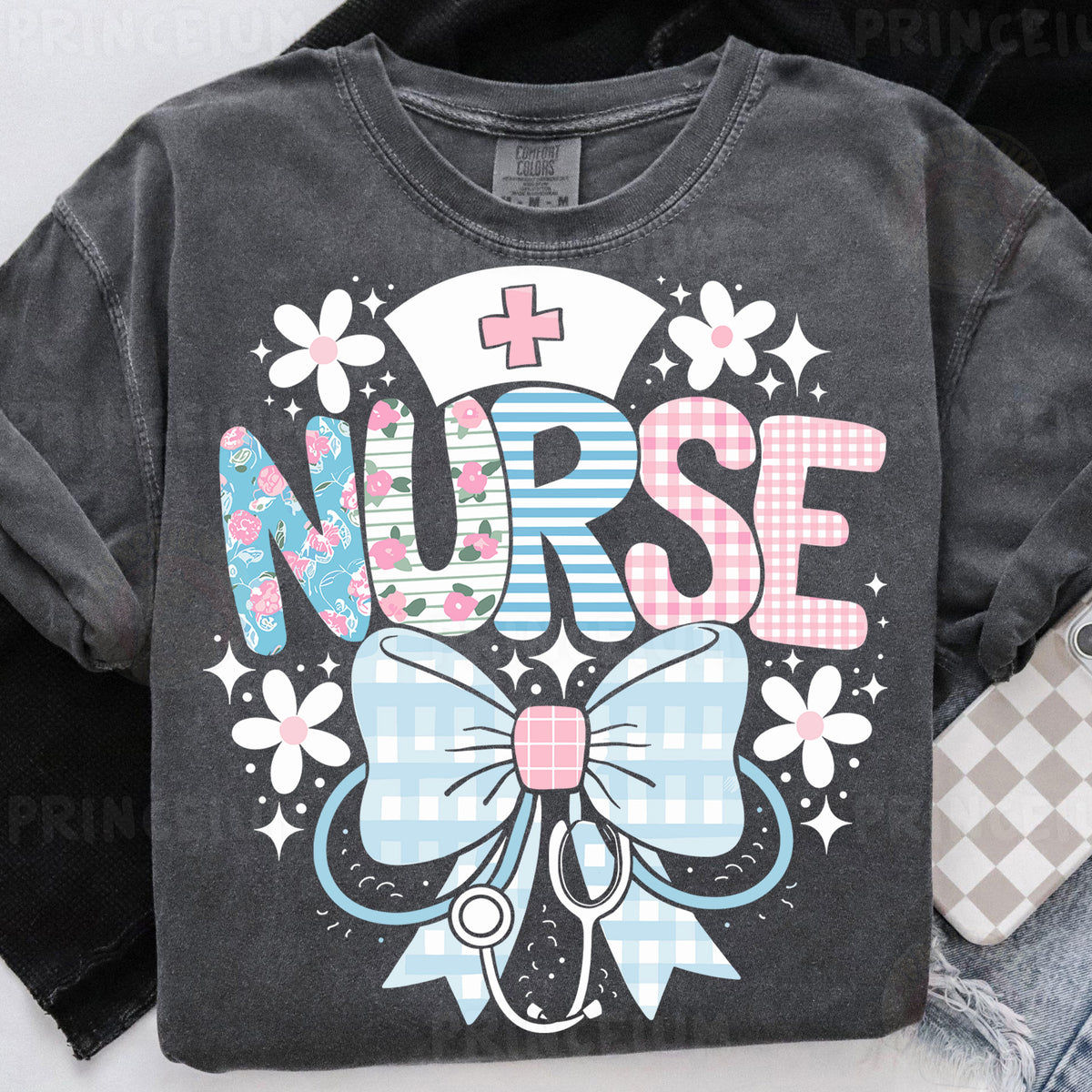 a black shirt with a nurse bow on it