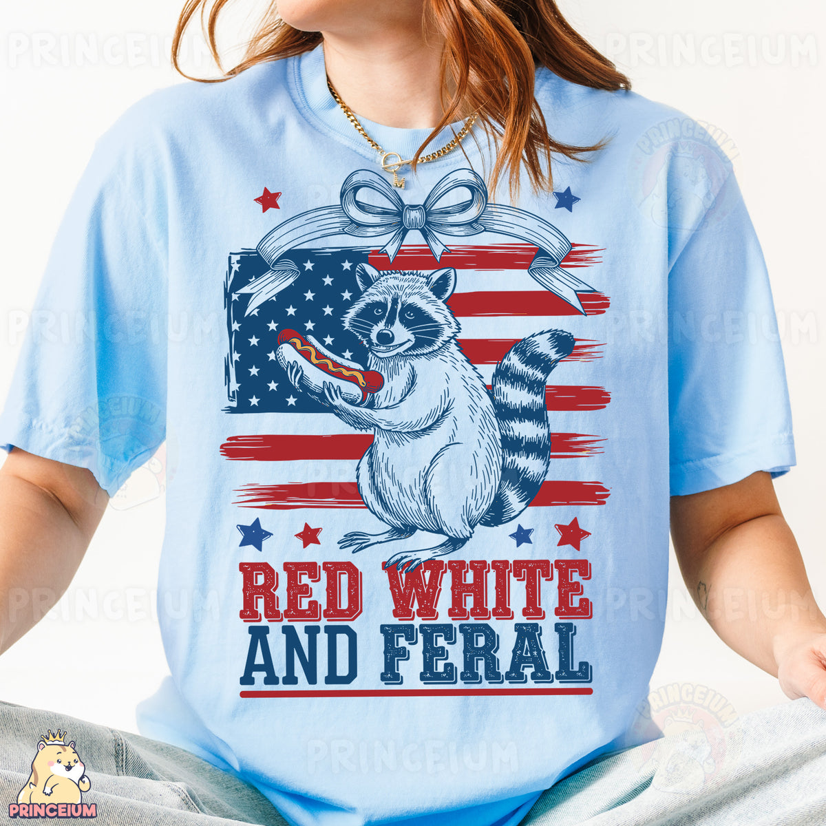 a woman wearing a red, white and fe ral t - shirt