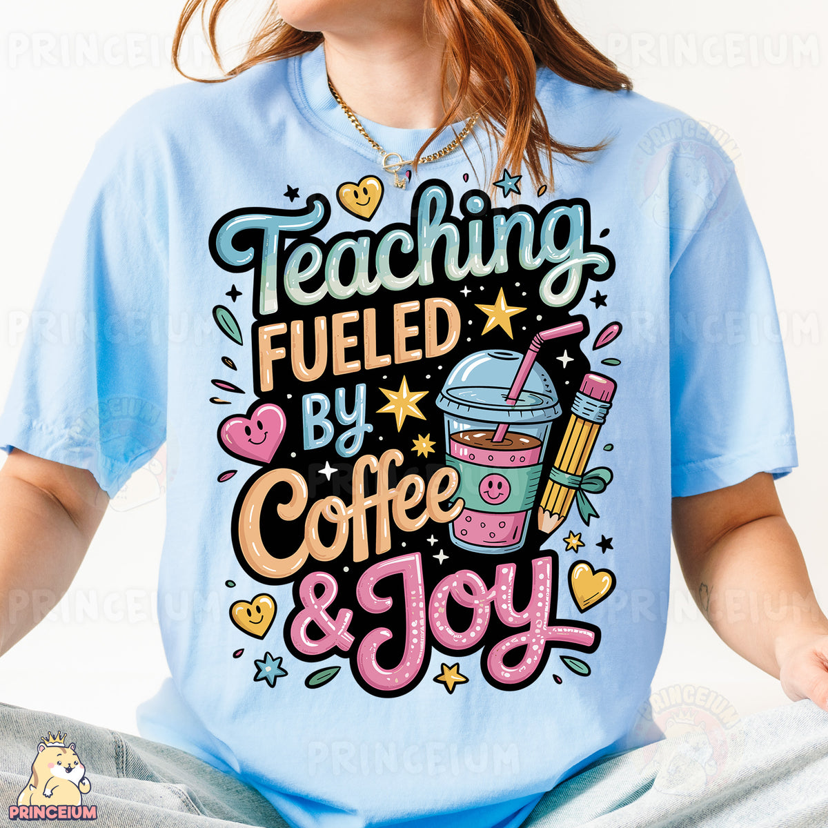 a woman wearing a blue shirt that says teaching fueled by coffee and joy