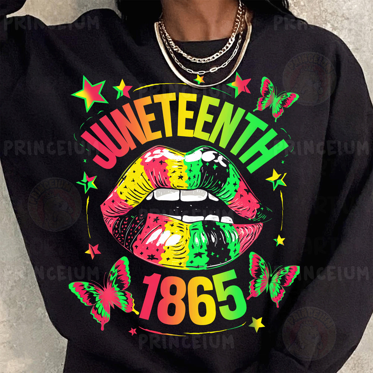 a woman wearing a black sweater with the words juneteeth on it