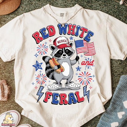 a red white and blue shirt with a raccoon holding a baseball bat