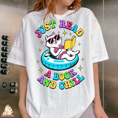 a woman wearing a t - shirt with a cat reading a book