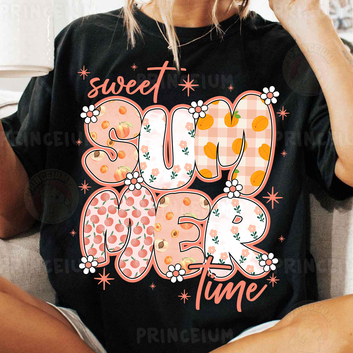 a woman sitting on a couch wearing a t - shirt that says sweet new year