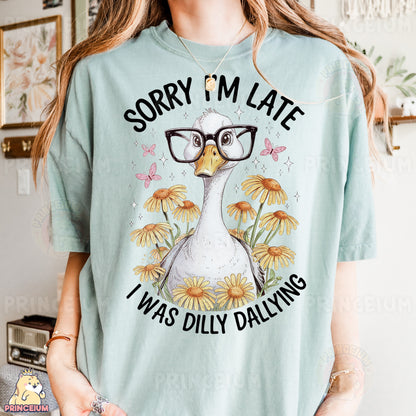 a woman wearing a t - shirt that says sorry i'm late i was