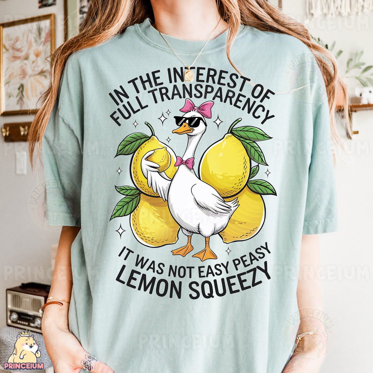 a woman wearing a t - shirt with lemons on it