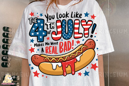 a woman wearing a t - shirt with a hot dog on it