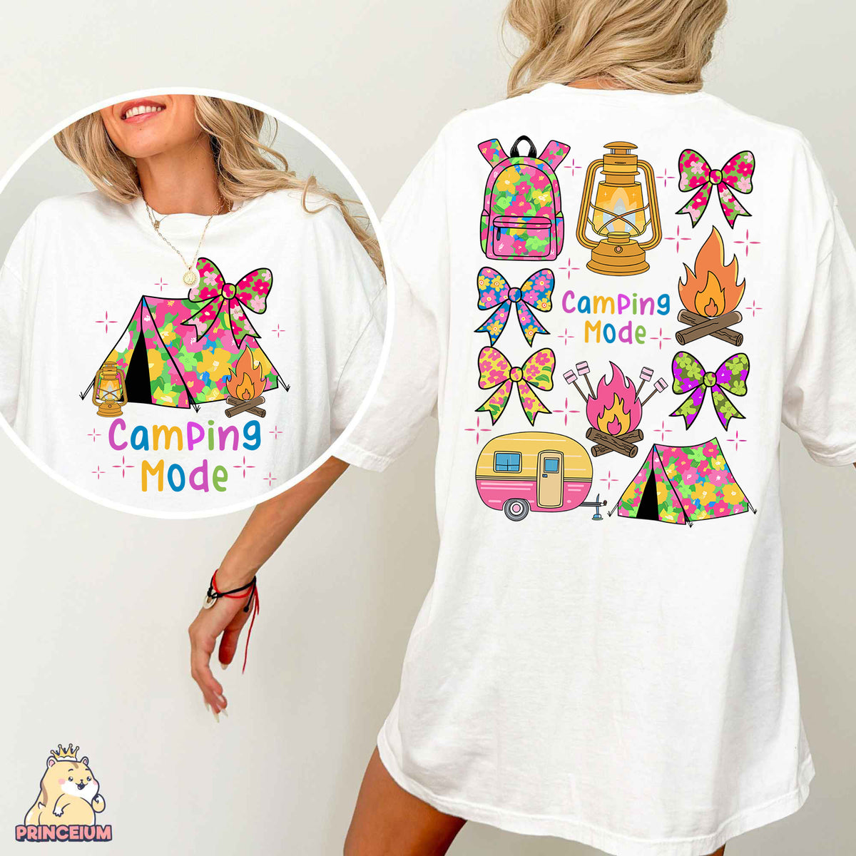 a woman wearing a white camping mode t - shirt