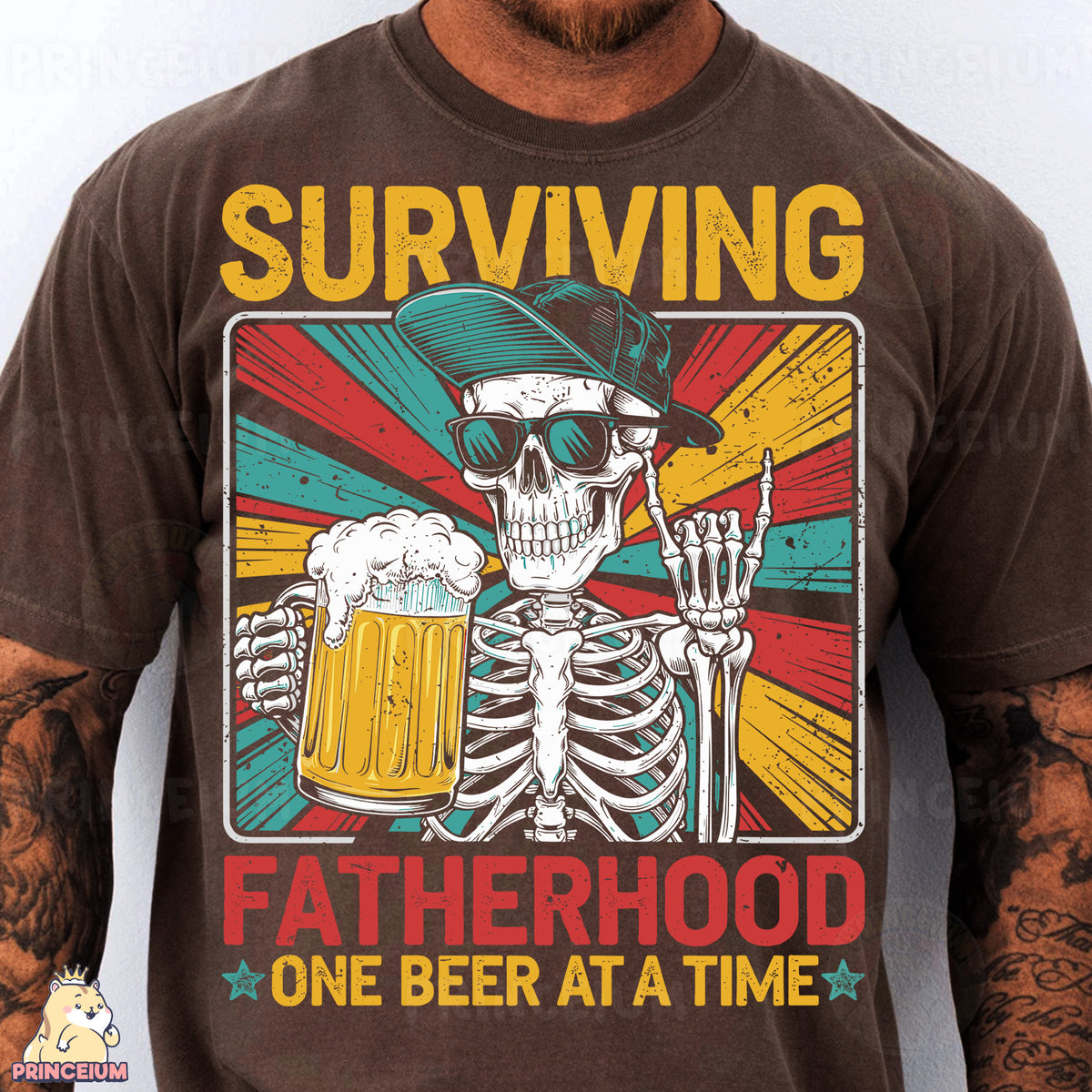 a man wearing a t - shirt with a skeleton holding a beer