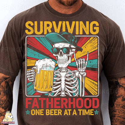 a man wearing a t - shirt with a skeleton holding a beer
