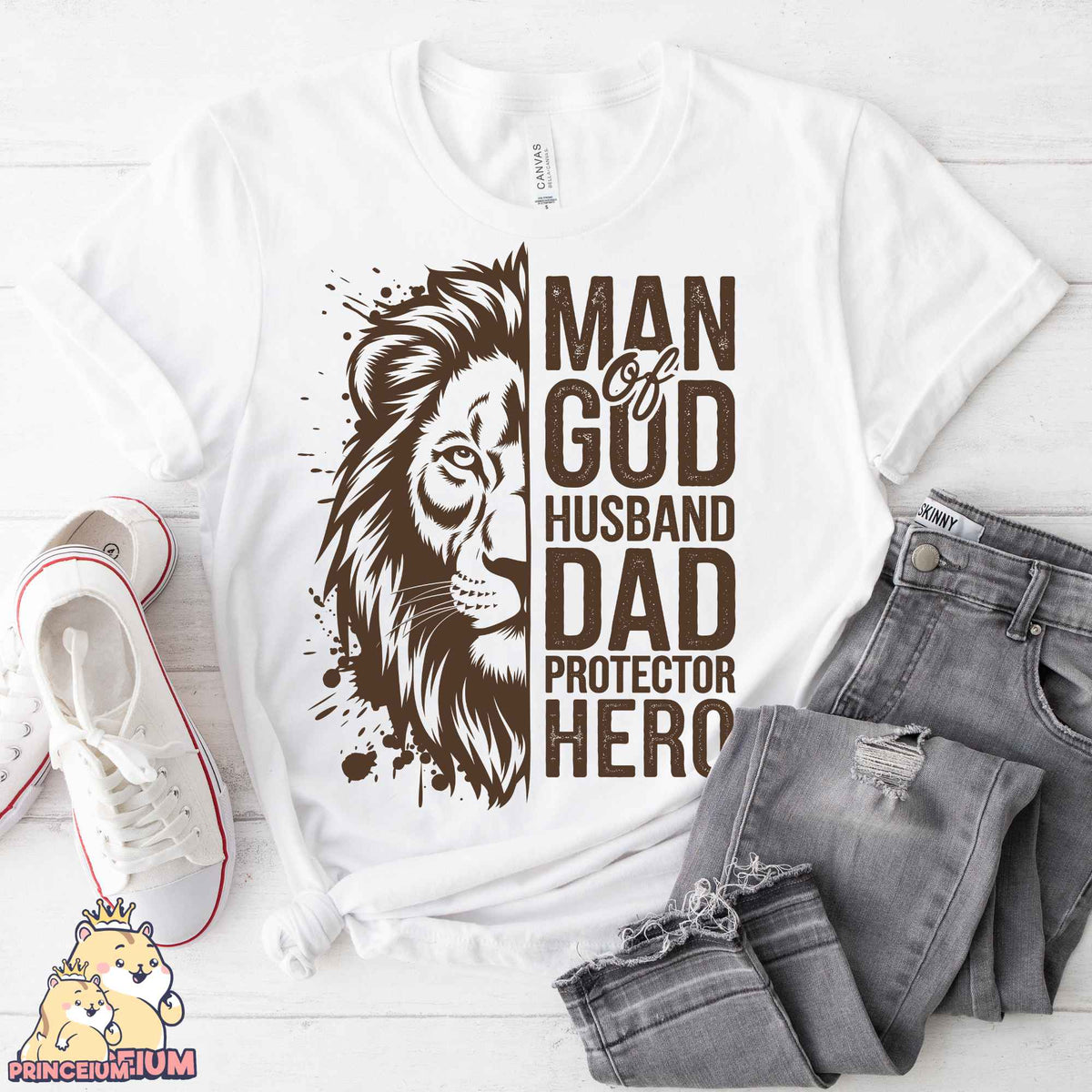a white shirt with a lion on it