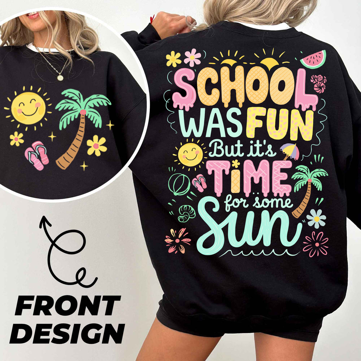 a woman wearing a black sweatshirt that says school was fun but it time for some