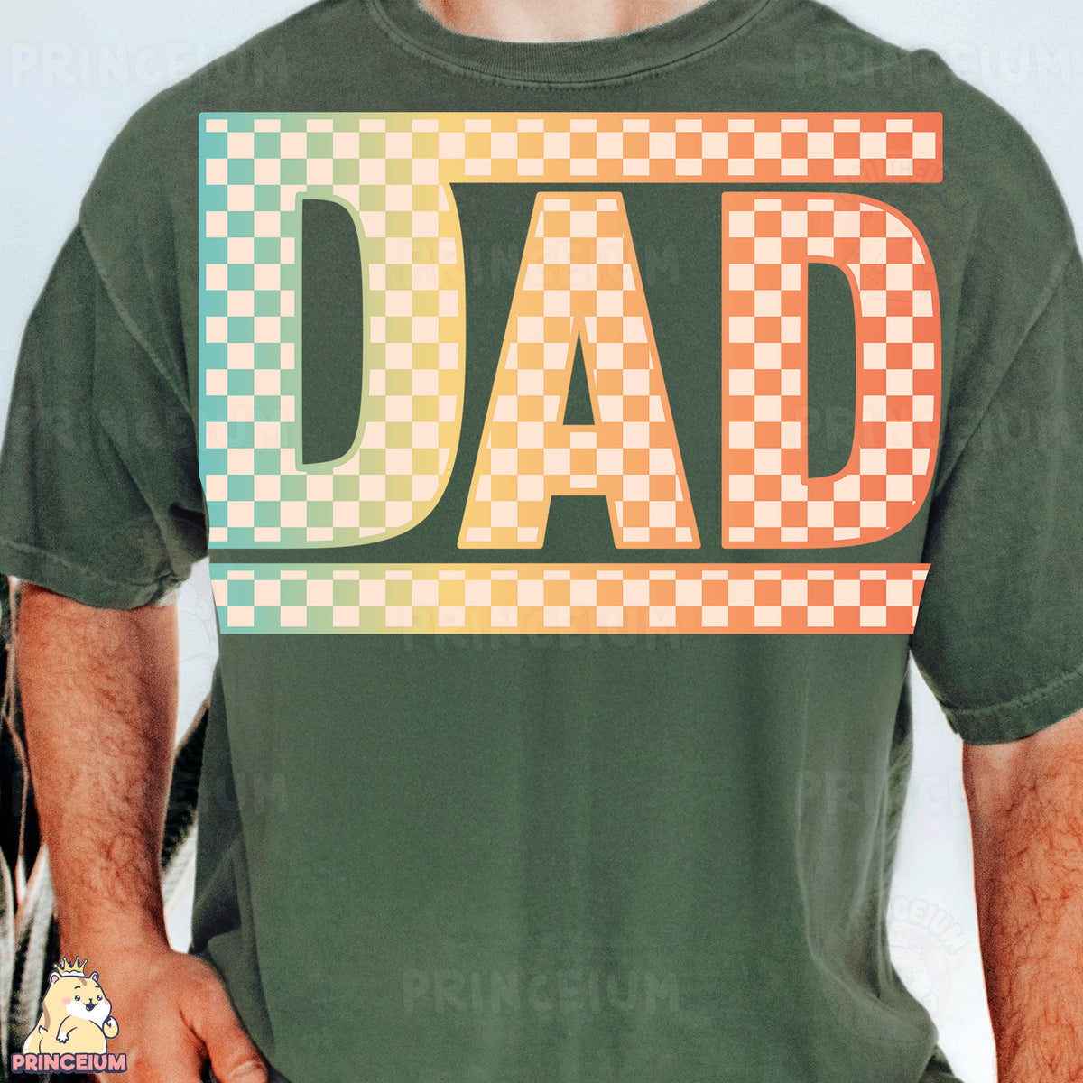 a man wearing a green shirt with the word dad printed on it