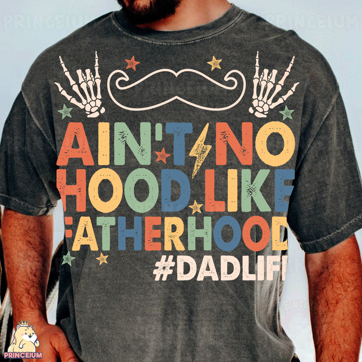 a man wearing a t - shirt with a mustache and stars on it