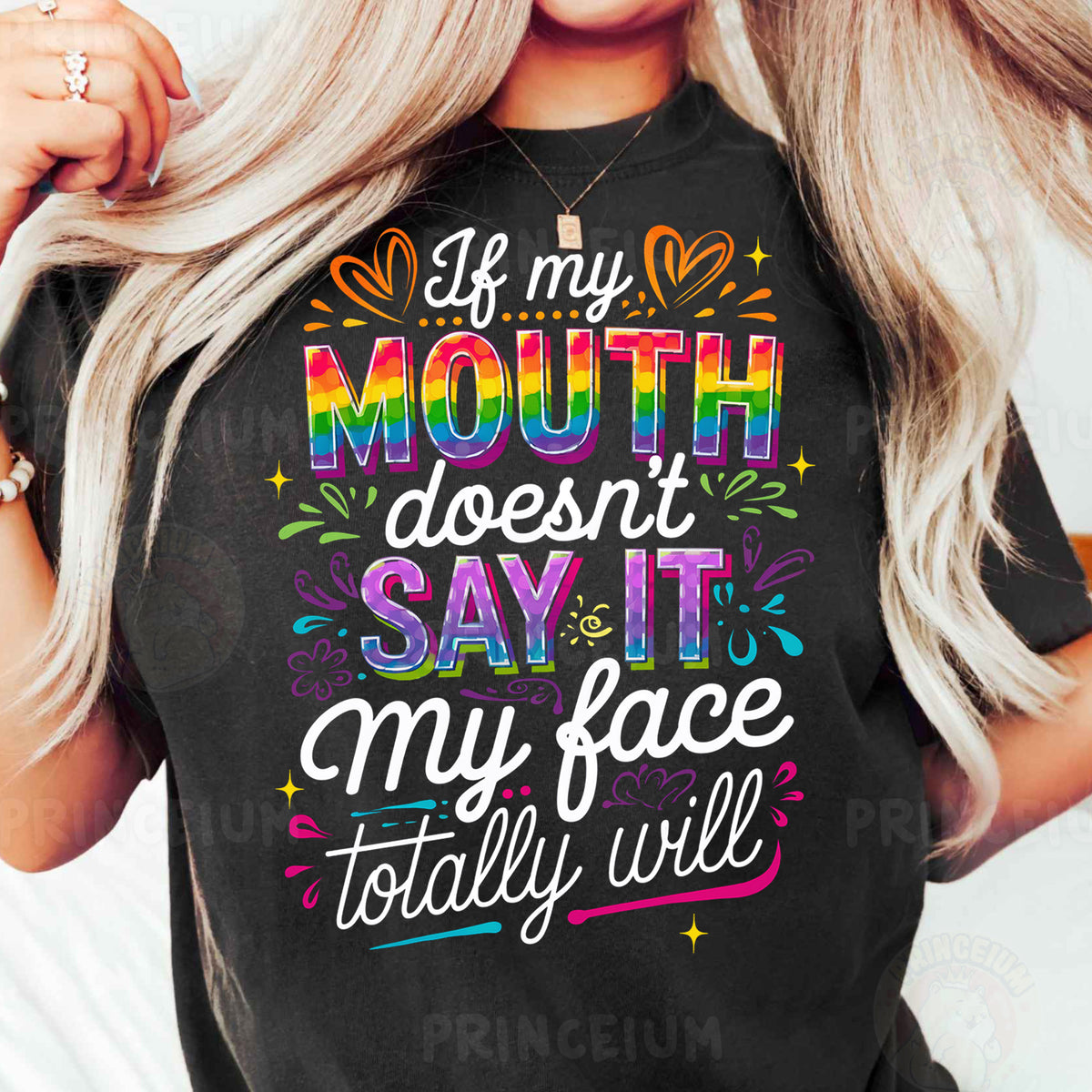 a woman wearing a black shirt that says if my mouth doesn't say it