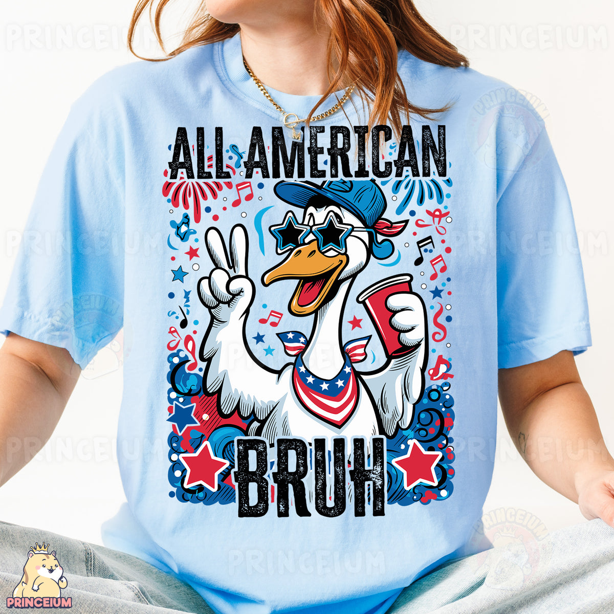 a woman wearing a blue shirt with a cartoon duck on it