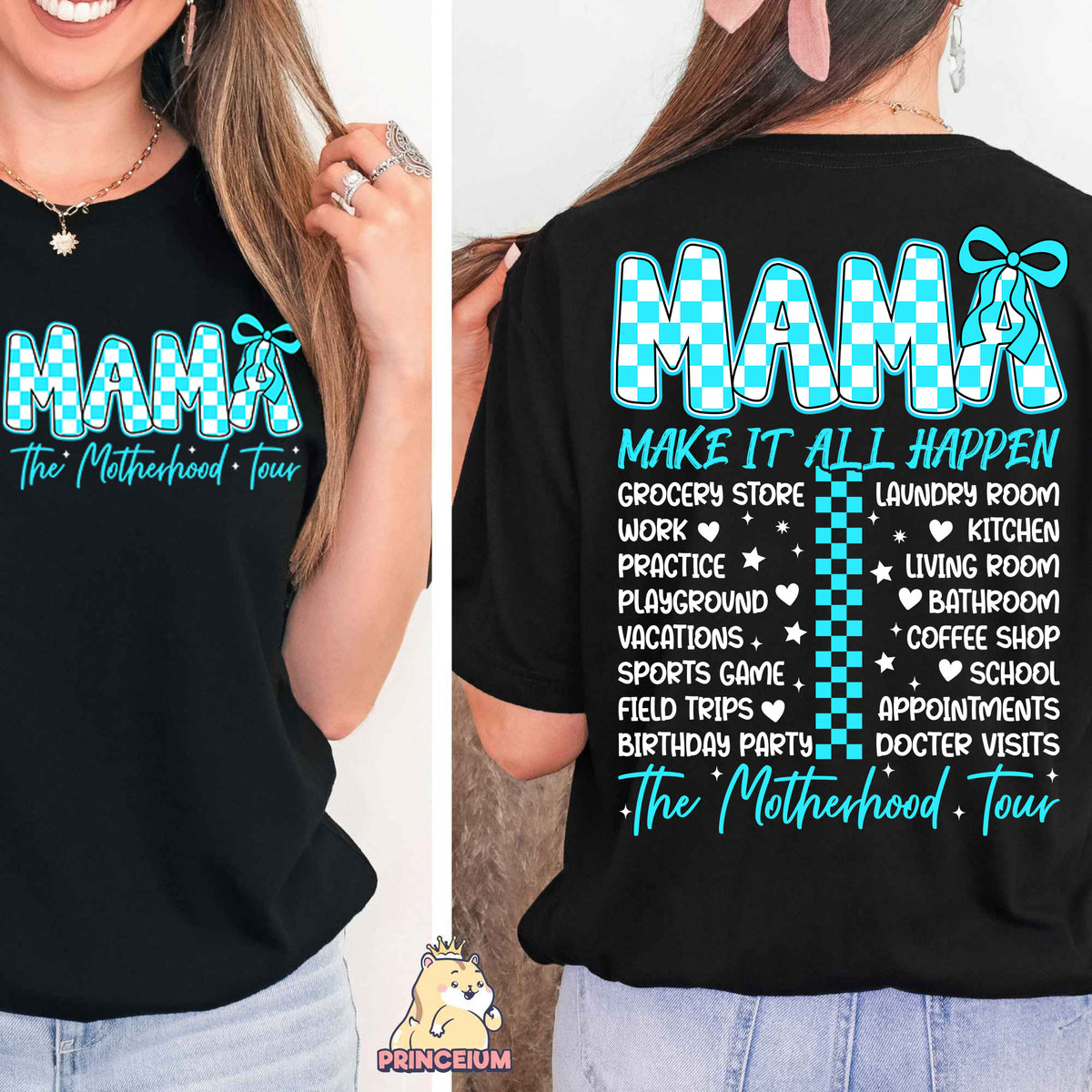 a woman wearing a black shirt that says mama